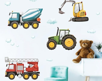 Wandtattoo Kinderzimmer Baumaschinen Trecker Mischer Bagger Feuerwehrauto Dekoration Wandaufkleber