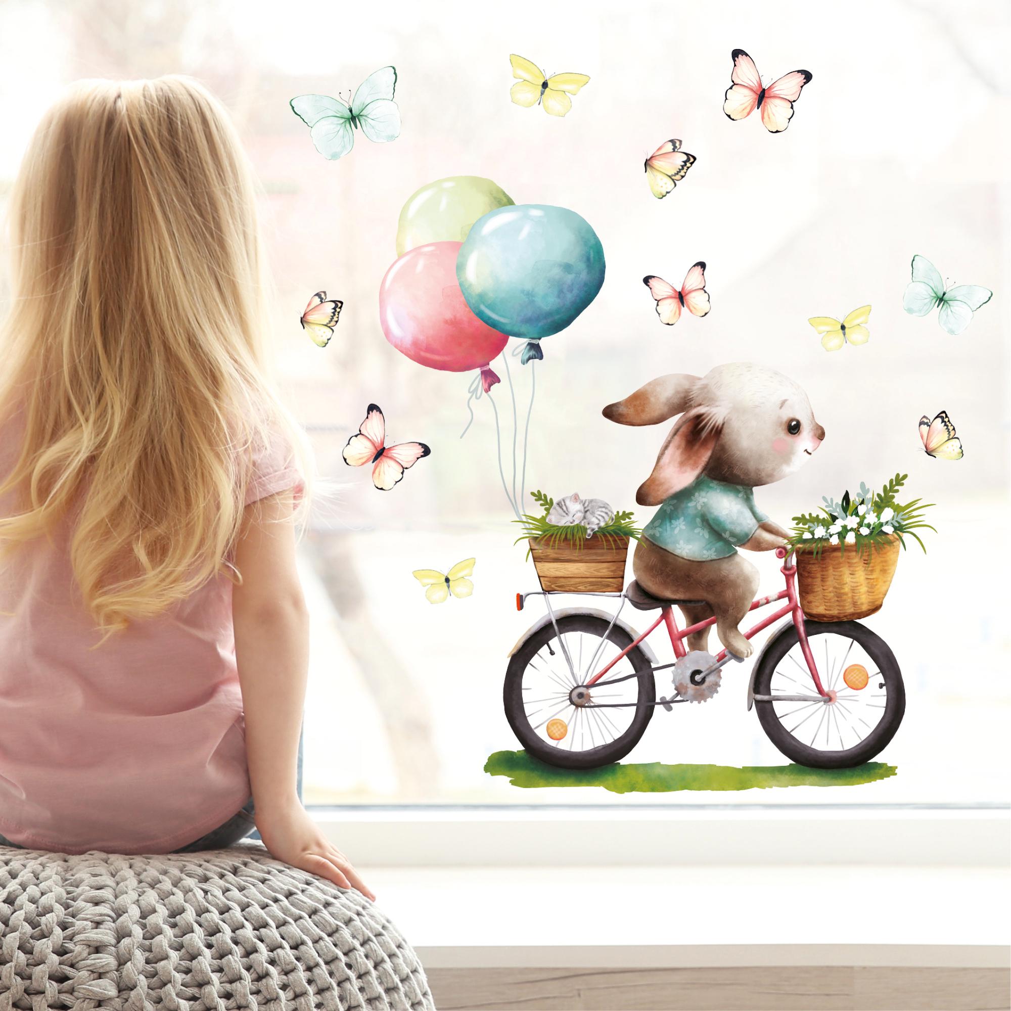Fensterbild Hase Fahrrad Schmetterlinge Luftballons Fensterdeko Frühling Ostern Frühlingsdeko Osterdeko wiederverwendbar