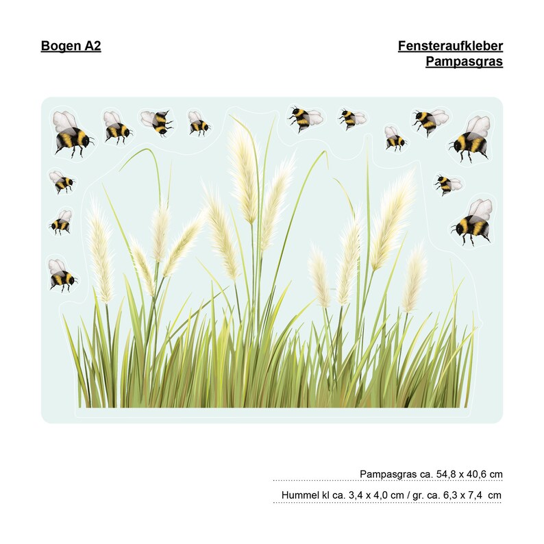 Fensterbild Frühling Sommer Pampasgras und Hummeln auf einer Wiese Fensterdeko 3. A2 Bogen