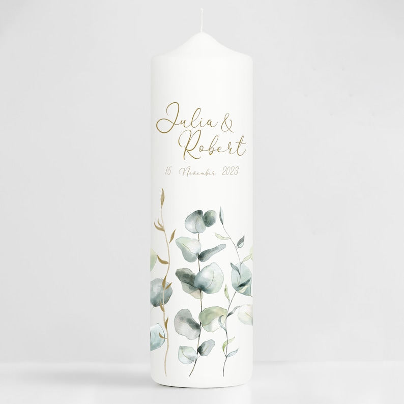 Weiße Hochzeitskerze Eukalyptus Boho Personalisiert Hochzeitsgeschenk Wunschtext, Valentinstagsgeschenk Hochzeit, Jubiläum image 3