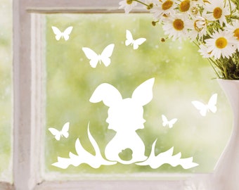 Fensteraufkleber Fensterbild Frühling Osterhase mit Schmetterlingen wiederverwendbar, weiß Frühling 11 Stück im Set, Dekoration Frühling