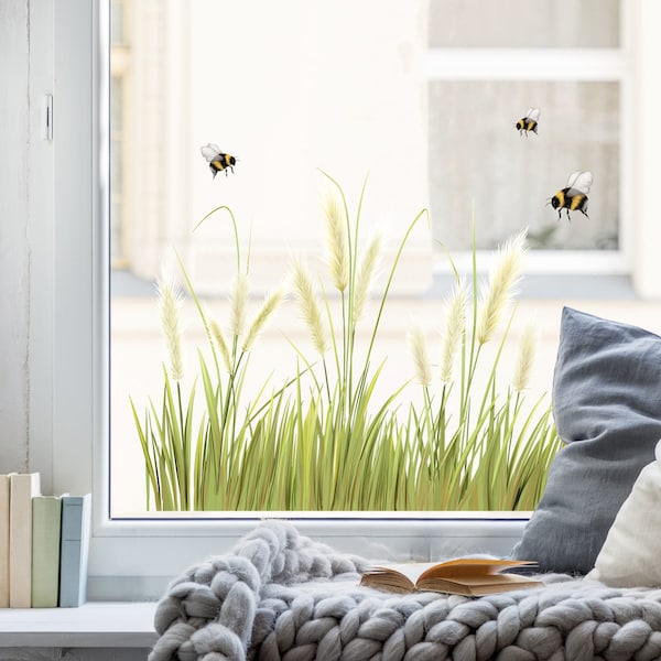 Fensterbild Frühling Sommer Pampasgras und Hummeln auf einer Wiese Fensterdeko