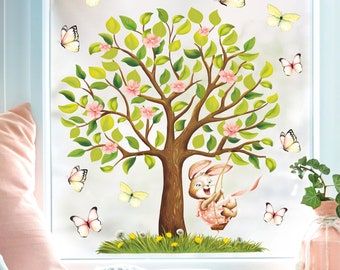 Fensterbild Frühling Baum Hase Mädchen Schaukel Schmetterlinge Fensterdeko Kinderzimmer Kind Frühlingdeko Osterdeko Ostern