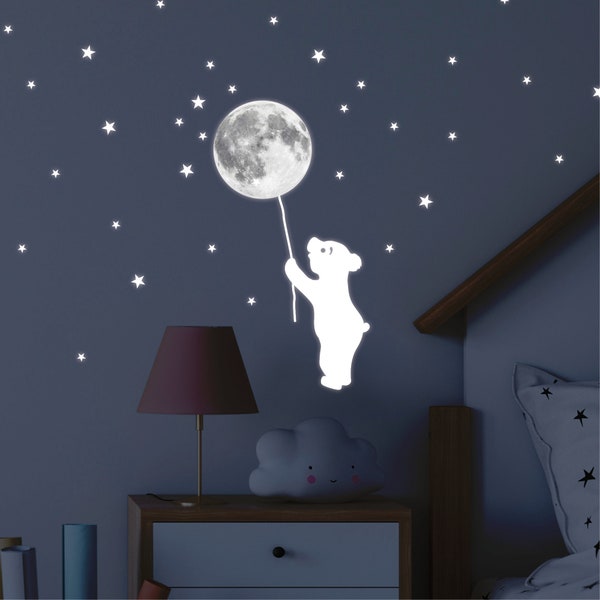 Leuchtaufkleber Kinderzimmer Bär mit Mond und Sternen Leuchtsterne leuchten im Dunklen