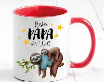 Vatertag Tasse bedruckt Faultier mit Tochter oder Sohn Bester Papa der Welt, Geschenk Vater, Geburtstag Kaffeetasse Kaffeebecher,