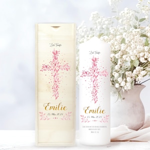 Taufkerze Heiliges Kreuz rosa Blätter Mädchen Kerze zur Taufe mit Namen, Datum, mit oder ohne Taufspruch Kommunion Geburtstag Segnung Geburt