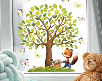 Fensterbild Frühling Ostern Baum Fuchs Schmetterlinge Schubkarre Fensterdeko Kinderzimmer Kind