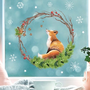 Wiederverwendbar Fensterbild Weihnachten Kranz Aus Zweigen Mit Tannengrün Fuchs Sterne Holzoptik Weihnachtsgrün Fensteraufkleber Fensterdeko
