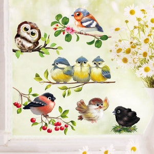 Wiederverwendbares Fensterbild Vögel Vogelset Frühling Fensteraufkleber Kinderzimmer Baby Kind, Frühlingsdeko, Osterdeko