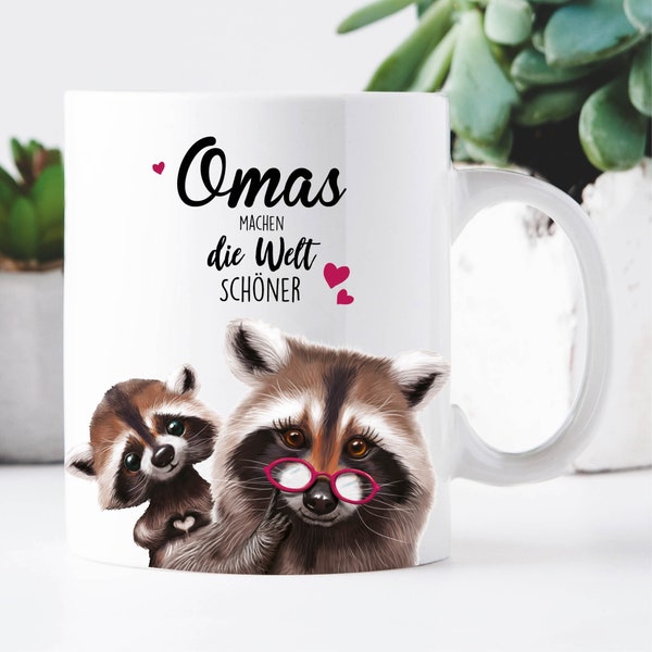 Bedruckte Tasse Oma Waschbär mit Waschbärkind Omas machen die Welt schöner Geschenk Geburtstag Großmutter