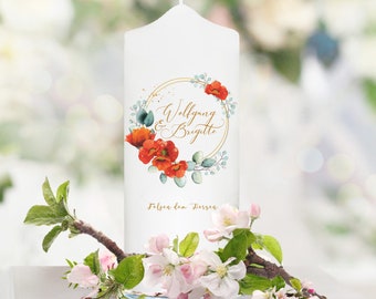 Weiße Hochzeitskerze runder goldener Rahmen mit Mohnblüten personalisiert Hochzeitsgeschenk Spruch Valentinstagsgeschenk