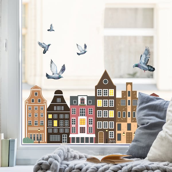 Fensterbild Häuserreihe Hansehäuser Amsterdam mit Tauben Fensterdeko Dekoration Haus Fenster Aufkleber