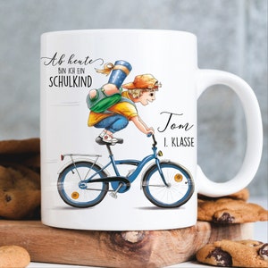 Anpassbare Kindertasse Tasse Junge auf dem Fahrrad Ab heute bin ich ein Schulkind, Geschenk Einschulung Schulanfang
