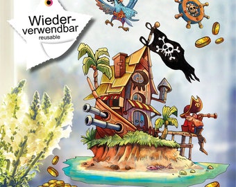 Fensteraufkleber Kinderzimmer Piratenschiff wiederverwendbare Fensterdekoration Fensterbild Pirat Pirateninsel