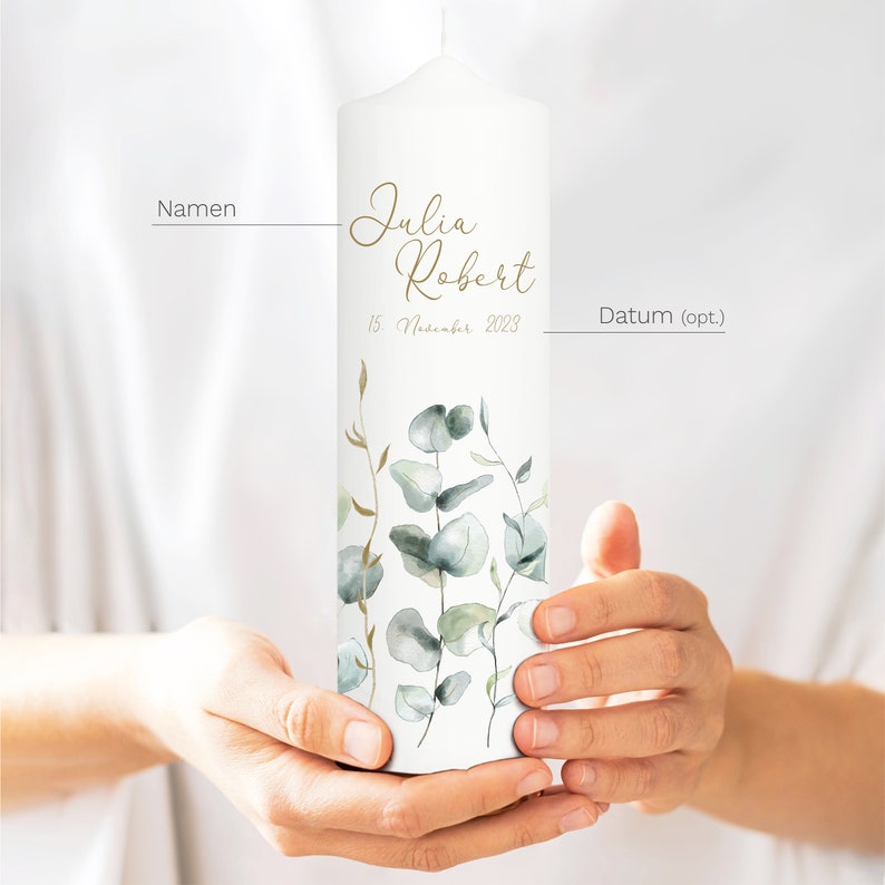 Weiße Hochzeitskerze Eukalyptus Boho Personalisiert Hochzeitsgeschenk Wunschtext, Valentinstagsgeschenk Hochzeit, Jubiläum Hochzeitskerze