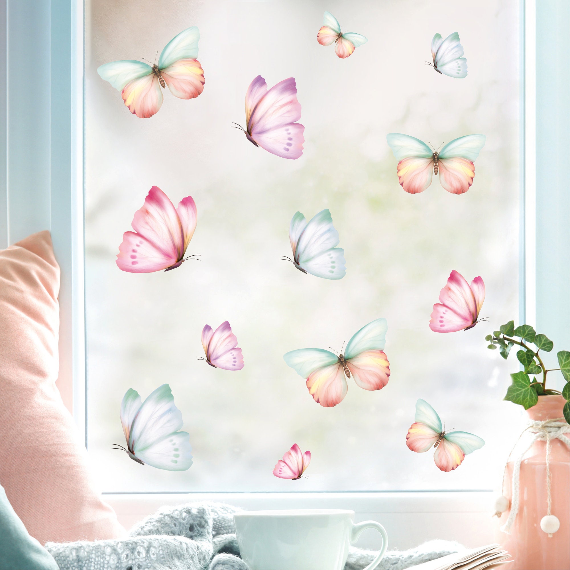 9-teiliges Fensterdeko-Set 'Frühling' – Mit Blumen & Schmetterlingen, Selbstklebend, Wiederverwendbar