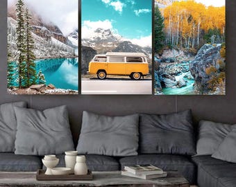 Nordic Nature Colorful Autumn Photo, Fall 3 Piece Wall Art, Autumn Landscape Print Set, Adventure Triptych, Van Poster, Autumn Nature Canvas