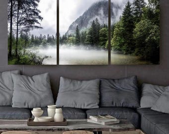 Nature 3 Piece Wall Art, Canvas Triptych, Nordic Nature Art, Landscape Print Set, Foggy Mountain Wall Art, Misty Forest Print, Nature Canvas