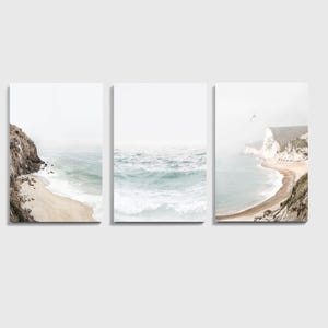 Coastal 3 Piece Wall Art, California Landscape 3 Panel Canvas, Ocean Triptych Beach Print Set, Large Canvas Neutral Color Triptych Sea Print