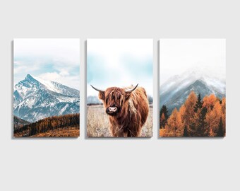 Cow Wall Art, Cow Autumn Landscape, 3 Piece Wall Art Highland Cow Print, Fall Print, Autumn Triptych, Scottish Cow Photo, Mountain Wall Art