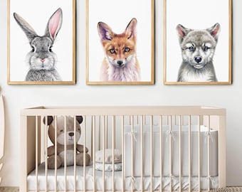 Kids Room Wall Art Set, Bunny Nursery Art, Forest Animal Triptych, Nursery Canvas, Wolf Cub Print, Fox Poster, Bunny Canvas, Woodland Animal