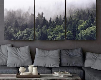 Misty Forest 3 Piece Canvas Wall Art, Nordic Nature Canvas Green Forest Triptych, Landscape Print Set, Foggy Forest Canvas, Nature Wall Art