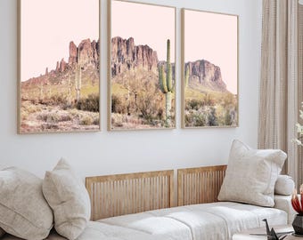 Desert Landscape Print Set, Nature Wall Art, Desert Triptych Cactus Print, Boho Wall Art, Mountain Valley with Cactus Desert Framed Wall Art