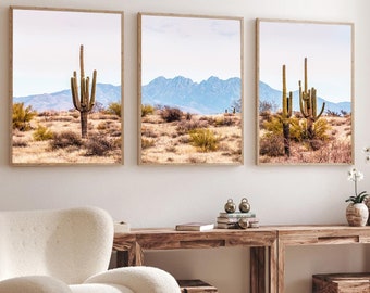 Desert Landscape Print Set, Nature Wall Art, Arizona Print Desert Triptych, Cactus Print, Mountain Valley with Cactus Desert Framed Wall Art