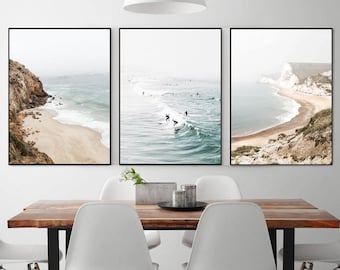 Coastal 3 Piece Wall Art, Beach Life of California in Neutral Colors, Ocean Triptych, California Wall Art, Beach Print Set, Ocean Wall Art