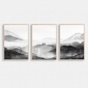 Mountain Print, Watercolor 3 Piece Wall Art, Black White Abstract Watercolor Triptych, Mountain Landscape Print Set, Misty Mountain Wall Art