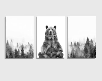 Bear 3 Piece Wall Art, Nature Triptych Bear Canvas, Forest Landscape Print Set, Foggy Forest Print, Grizzly Bear Black White Photo, Bear Art