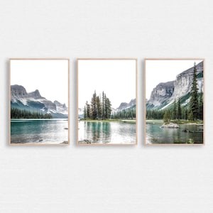 Mountain Lake 3 Piece Wall Art, Lake Triptych Nordic Nature Wall Art, Spirit Island on Maligne Lake Photo Nature Landscape Canada Lake Print