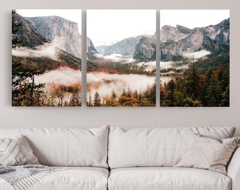 Mountain Valley 3 Piece Wall Art, Yosemite National Park Photo, Triptych, Nature Large Canvas, Mountain Wall Art, Autumn Landscape Print Set