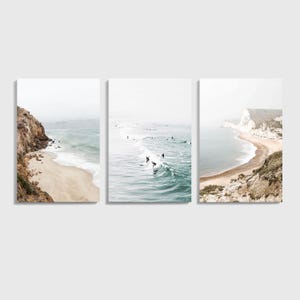 Coastal 3 Piece Wall Art, California Landscape 3 Panel Canvas, Ocean Triptych Beach Print Set, Large Canvas Neutral Color Triptych Sea Print