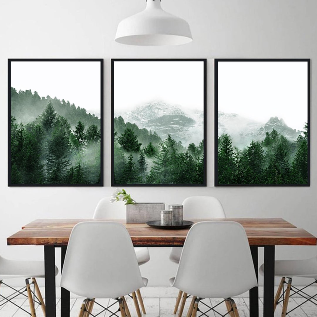 Forest 3 Piece Wall Art, Green Forest Triptych, Misty Mountain ...