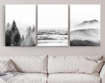 Nature Canvas 3 Piece Wall Art, Ocean Wave Print, Foggy Forest Print, Nature 3 Panel Canvas Art, Misty Mountain, Nature Black White Triptych