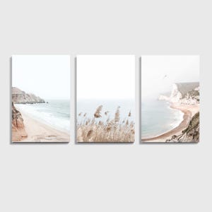 Coastal 3 Piece Wall Art, California Landscape 3 Panel Canvas, Ocean Triptych Beach Print Set, Large Canvas Neutral Color Triptych Sea Print