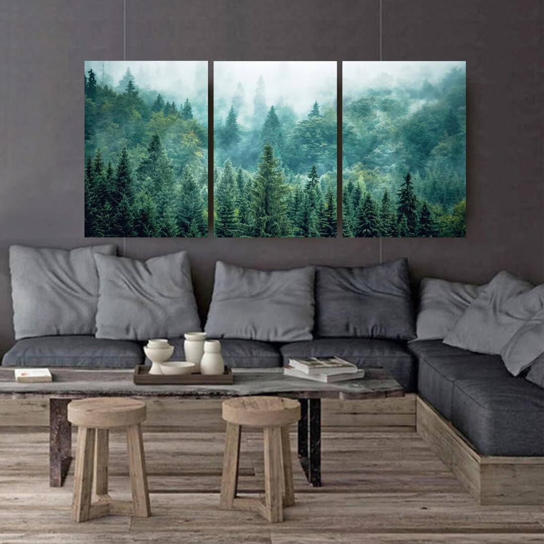 Green Forest 3 Panel Canvas, Forest Panorama, Misty Forest Triptych ...