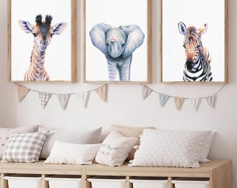 Kids Room Wall Art Set, Safari Animal Pictures, Elephant Jungle Animal Print, Nursery Canvas Triptych, African Animal Art, Baby Zebra Poster