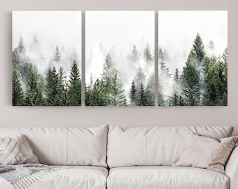 Green Forest 3 Panel Canvas, Forest Panorama, Misty Forest Triptych, Nordic Nature Wall Art, Foggy Forest Print, Pine Tree Forest Canvas Set