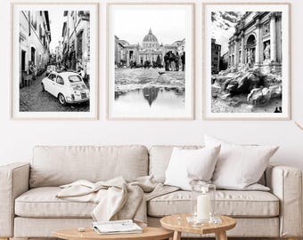 Rome 3 Piece Wall Art, Italy Travel Triptych, Rome St. Peter's Poster, Rome Wall Art Set, Italy Black White Photo, Rome Architecture Prints