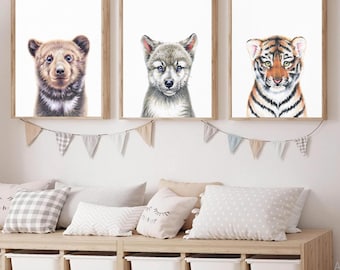 Kids Room Wall Art Set, Forest Animal Pictures, Wolf Cub Print, Bear Nursery Canvas Triptych, Woodland Animal Art, Baby Animal, Tiger Poster