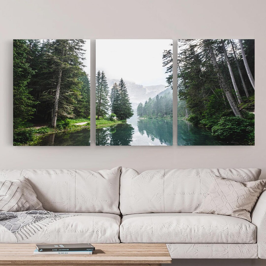 Nature 3 Piece Wall Art, Forest River Print, Triptych Canvas, Mountain ...