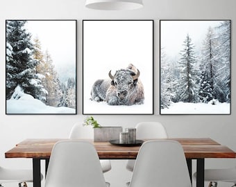 Bison Print, Snowy Forest 3 Piece Wall Art, Winter Nature Triptych,Bison Poster,Winter Forest Canvas Set, Bison Art, Forest Animal Wall Art