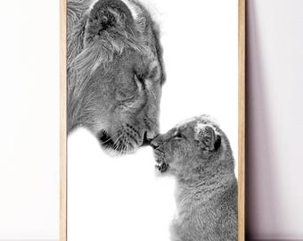 Lion Wall Art, Lion and Cub Print, Lion Family Kids Room Wall Art, Lion Cub Nursery Print, Two Lions Photo, Lion Poster Baby Animal Wall Art