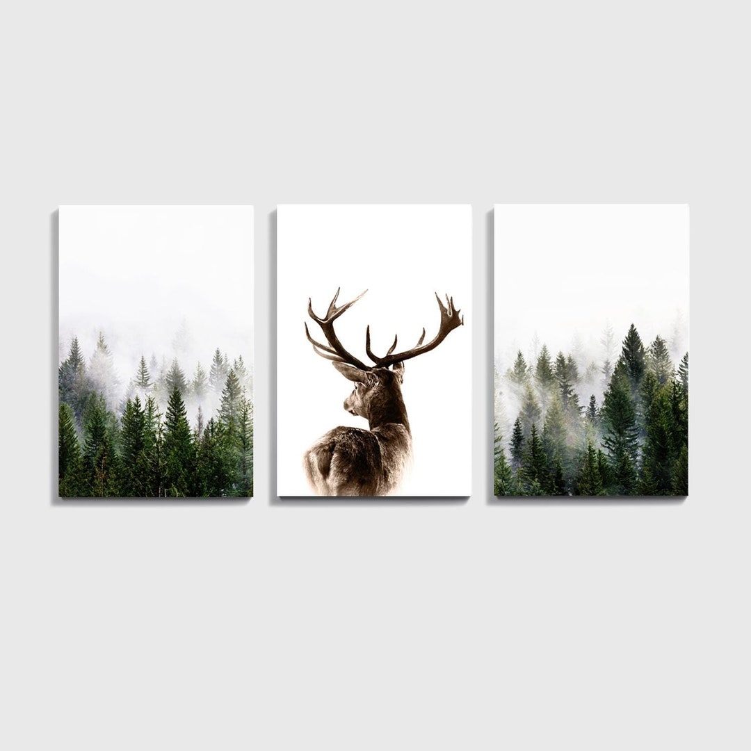 Deer 3 Piece Wall Art, Deer Print, Deer Canvas Art Misty Forest Wall ...