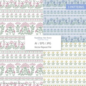 May include: A digital collection of three repeating floral patterns in pink, blue, and yellow on white backgrounds. The text reads Sunshine Art Story, Digital Pattern Design, AI / EPS / JPG, Vector Repeat File, and 3 PATTERNS.