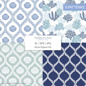 May include: Nine digital patterns featuring seashell and coral designs in shades of blue and white. The patterns include seashell motifs, coral illustrations, and geometric arrangements. The image also includes the text "Sunshine Art Story" and "Vector Repeat File."
