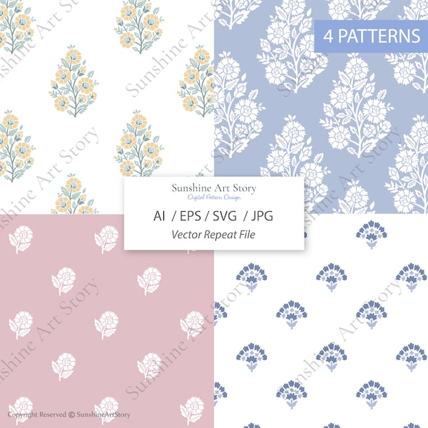 Seamless floral block print and damask floral repeat pattern set vector file include