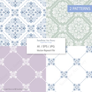 以下が含まれることがあります： 青、緑、紫の背景に白いダマスク模様が施された、シームレスなベクターパターン2つ。画像には「Sunshine Art Story」と「2 PATTERNS」のテキストが含まれています。